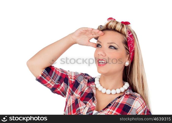 Cute girl with blue eyes in pinup style looking at side isolated on a white background
