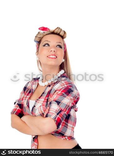 Cute girl with blue eyes in pinup style looking up isolated on a white background