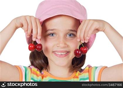 Cute girl with fresh cherries isolated on white