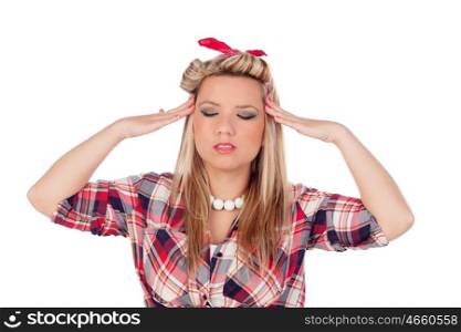 Cute girl with headache in pinup style isolated on a white background