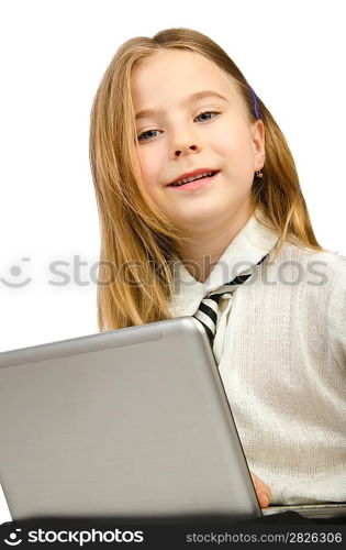 Cute girl with laptop on white