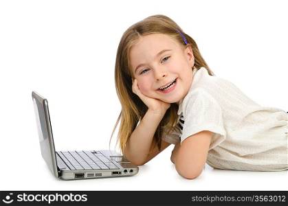 Cute girl with laptop on white