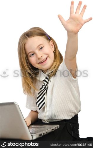 Cute girl with laptop on white