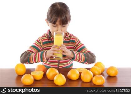 Cute girl with oranges and juice a over white background