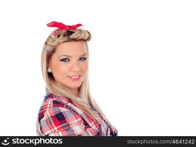 Cute girl with pretty smile in pinup style isolated on a white background