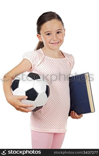 Cute girl with soccer ball and book over white background