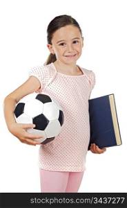 Cute girl with soccer ball and book over white background