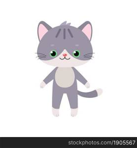 Cute gray kawaii cat stands isolated on white background