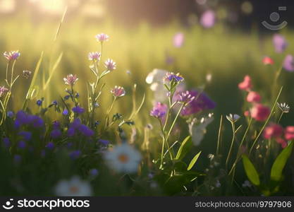 Cute Green Spring Meadow with Flowers