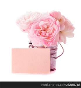 Cute greetings: pink roses bunch in little bucket and card, on white