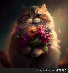 Cute Happy Fluffy Cat with Spring Flowers