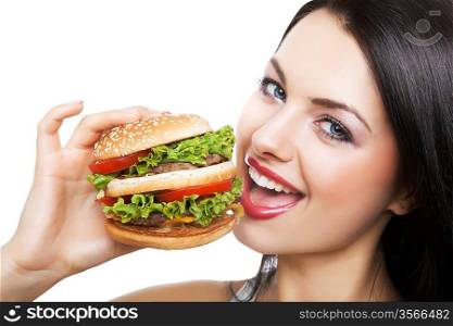 cute happy girl eating hamburger on white background