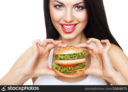 cute happy girl holding hamburger on white background