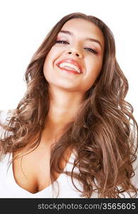 cute happy girl with curly hair on white background