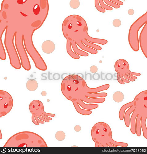 Cute happy jellyfish cartoon character seamless pattern sea animal illustration. Nature animal aquatic medusa, aquarium tropical marine.. Cute happy jellyfish cartoon character sea animal illustration. Invertebrate animal sea fauna jellyfish medusa illustration. Nature animal aquatic medusa, aquarium tropical marine.