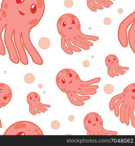 Cute happy jellyfish cartoon character seamless pattern sea animal illustration. Nature animal aquatic medusa, aquarium tropical marine.. Cute happy jellyfish cartoon character sea animal illustration. Invertebrate animal sea fauna jellyfish medusa illustration. Nature animal aquatic medusa, aquarium tropical marine.