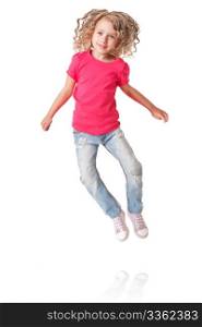 Cute happy smiling jumping of joy girl with heels together in pink shirt and jeans, isolated.