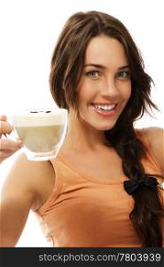 cute happy woman with a cup of cappuccino coffee. cute happy woman with a cup of cappuccino coffee on white background