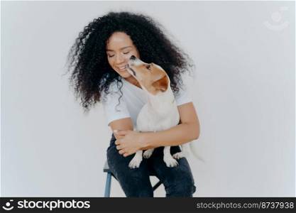 Cute happy woman with curly hair gets kiss from jack russell terrier feels love to favourite pet takes pleasure in company of dog sits on chair against white background. Love between owner and animal.