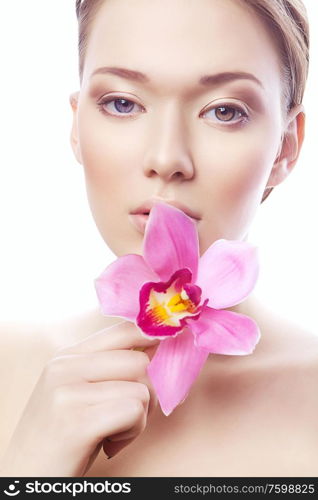 cute healthy woman with pink flower on white background