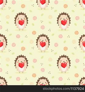 Cute hedgehog hold a red heart seamless pattern. Cute animal in Valentine concept.