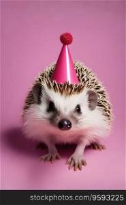 cute hedgehog in a party cap on a pink background
