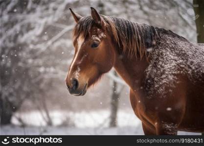 Cute horse in winter snow. Pet mammal. Generate Ai. Cute horse in winter snow. Generate Ai