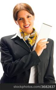 cute hostess in black suit showing some tickets with a great smile