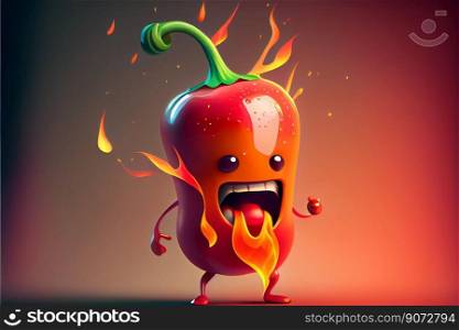 Cute hot chili cartoon character on fire