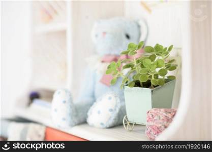 Cute indoor plant in small decorative cart beside doll on shelf