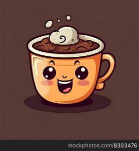 Cute kawaii hot coffee or tea cup with cartoon character illustration in chibi style in natural pastel colors. AI Generative content