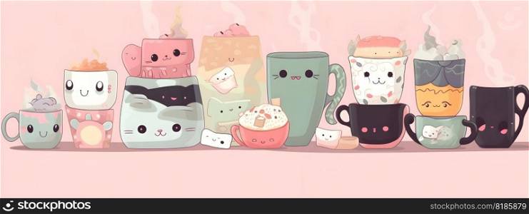 Cute kawaii hot coffee or tea cups with cartoon characters set illustration in chibi style in natural pastel pink colors. AI Generative content
