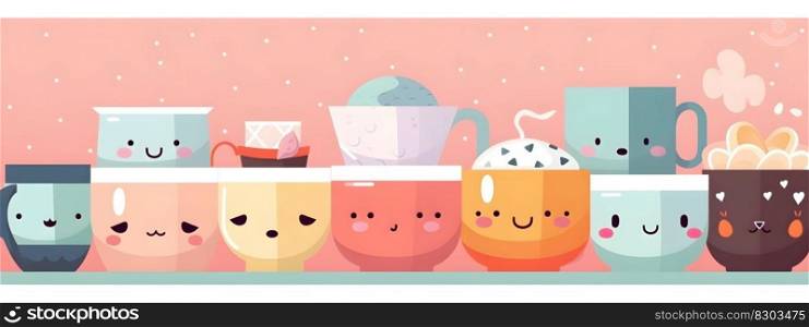 Cute kawaii hot coffee or tea cups with cartoon characters set illustration in chibi style in natural pastel pink colors. AI Generative content