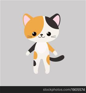 Cute kawaii tricolor cat stands isolated on gray background