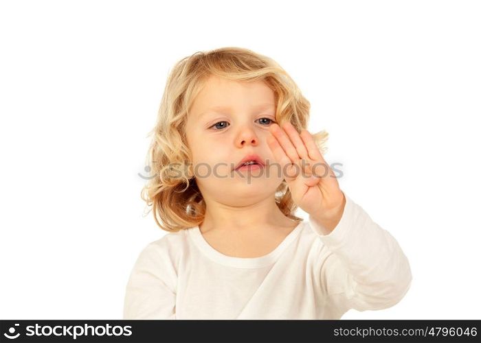 Cute kid learning to put the years he has with his hand isolated on a white background