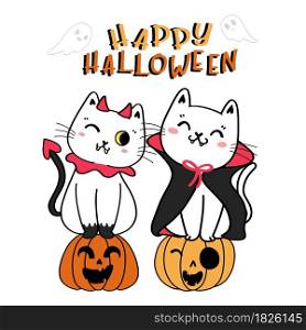 Cute kitten cats Dracula and devil costume with funny face craved orange pumpkin Happy Halloween cartoon flat vector illustration