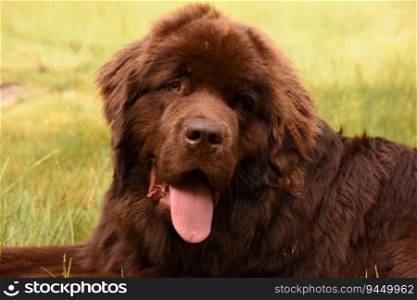 Cute large brown Newfoundland dog on a hot summer’s day.