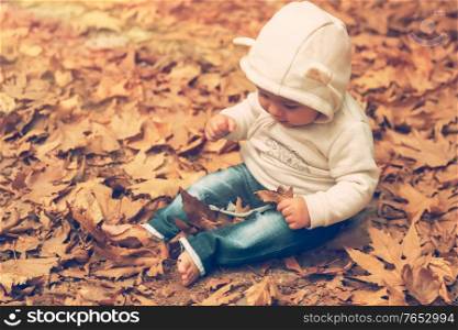 Cute little baby boy having fun in the autumn park, adorable child with pleasure sitting on the ground covered with dry tree leaves, enjoying autumn season