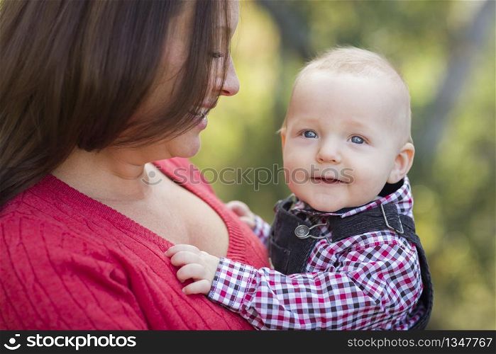 Cute Little Baby Boy Having Fun With Mommy Outdoors.