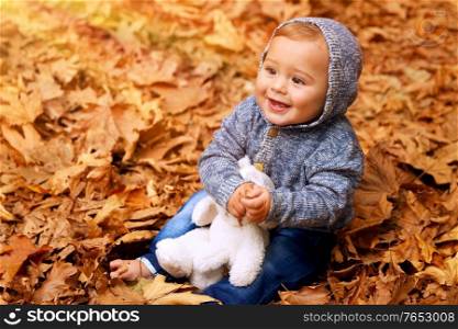 Cute little baby boy sitting on the ground covered with dry leaves in the park, little cheerful child playing with soft toy in the autumn garden