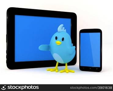 Cute little bird with smartphone and tablet on white background- 3D render