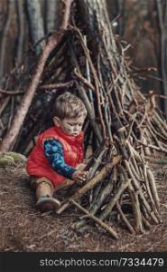 Cute little boy building a wooden hut