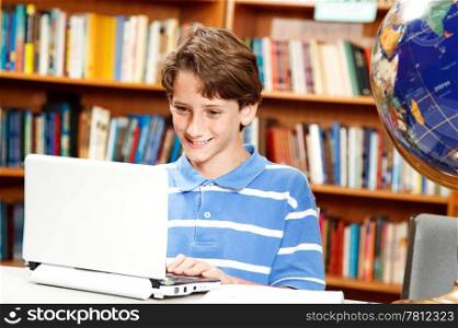 Cute little boy using a netbook computer in the school library.