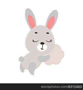 Cute little bunny sleeping on cloud. Cartoon animal character for kids t-shirt, nursery decoration, baby shower, greeting cards, invitations, house interior. Vector stock illustration