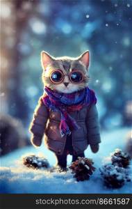 Cute little cat on 2 foot in snow 3d illustrated