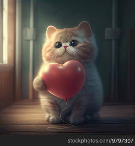 Cute Little Cat with Heart Shape Balloon. Generative AI