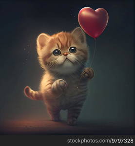 Cute Little Cat with Heart Shape Balloon. Generative AI