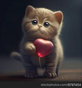 Cute Little Cat with Heart Shape Balloon. Generative AI
