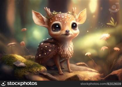 Cute little deer in style of 3D cg render. distinct generative AI image.. Cute little deer in style of 3D cg render