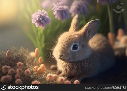 Cute little Easter bunny in grass and flowers. Realistic illustration, design for cards. AI. Cute little Easter bunny in grass and flowers. AI